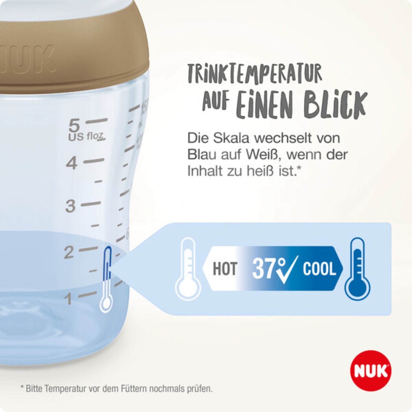 NUK Perfect Match Babyflasche, 260 ml, ab 3. Monate BPA-frei, Anti-Colic, mit Temperature Control, Beige