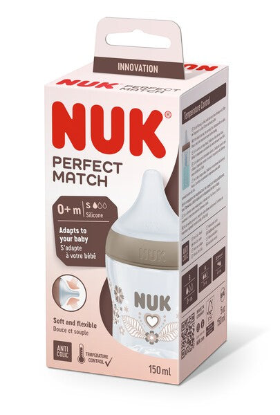 NUK Perfect Match Babyflasche, 150 ml, ab 0 Monate BPA-frei, Anti-Colic, mit Temperature Control, Beige