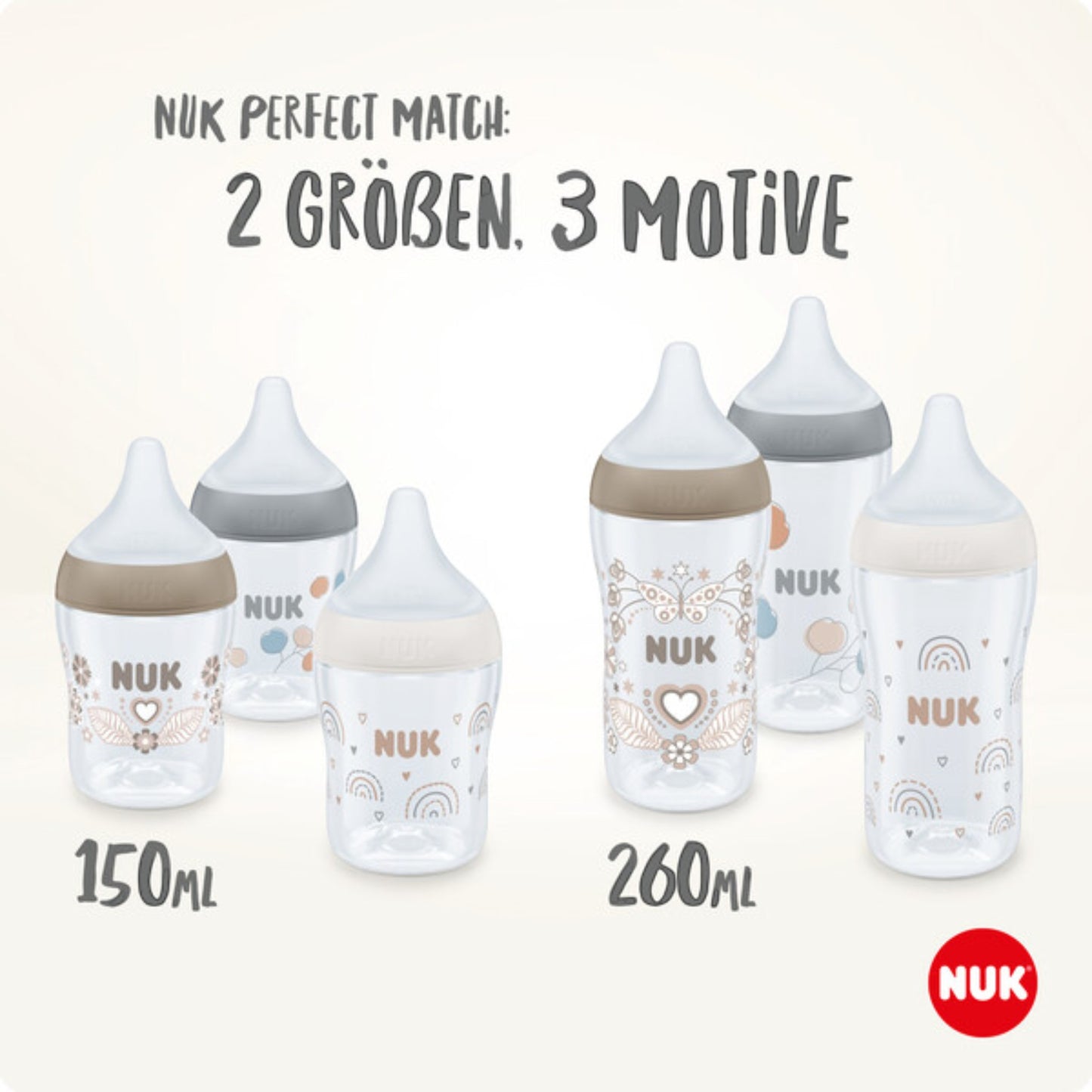 NUK Perfect Match Babyflasche, 260 ml, ab 3. Monate BPA-frei, Anti-Colic, mit Temperature Control, Beige