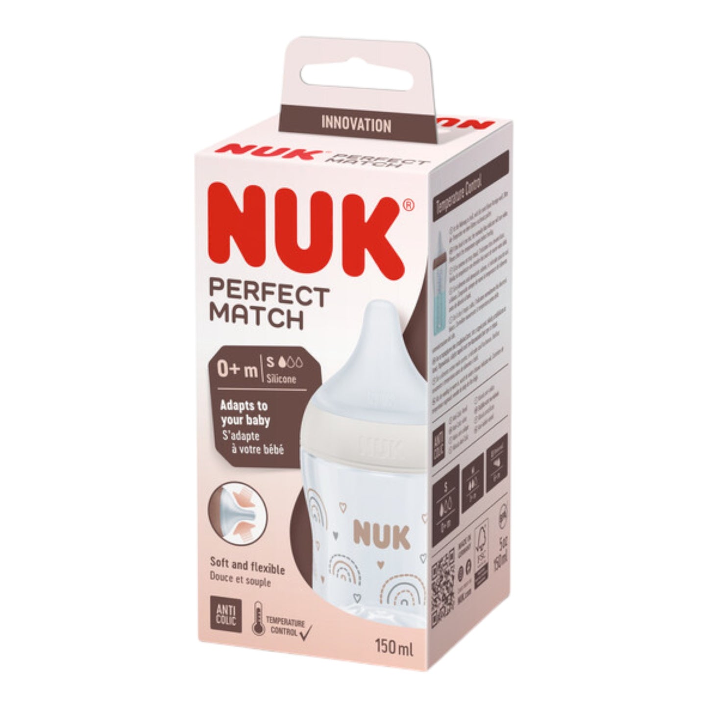 NUK Perfect Match Babyflasche, 150 ml, ab 0 Monate BPA-frei, Anti-Colic, mit Temperature Control, Weiß