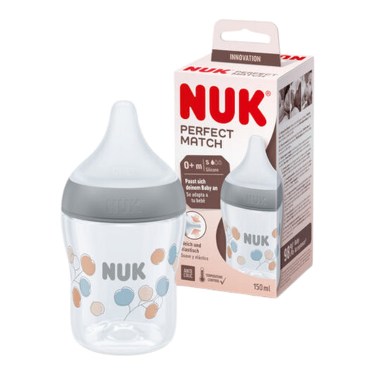 NUK Perfect Match Babyflasche, 150 ml, ab 0 Monate BPA-frei, Anti-Colic, mit Temperature Control, Grau