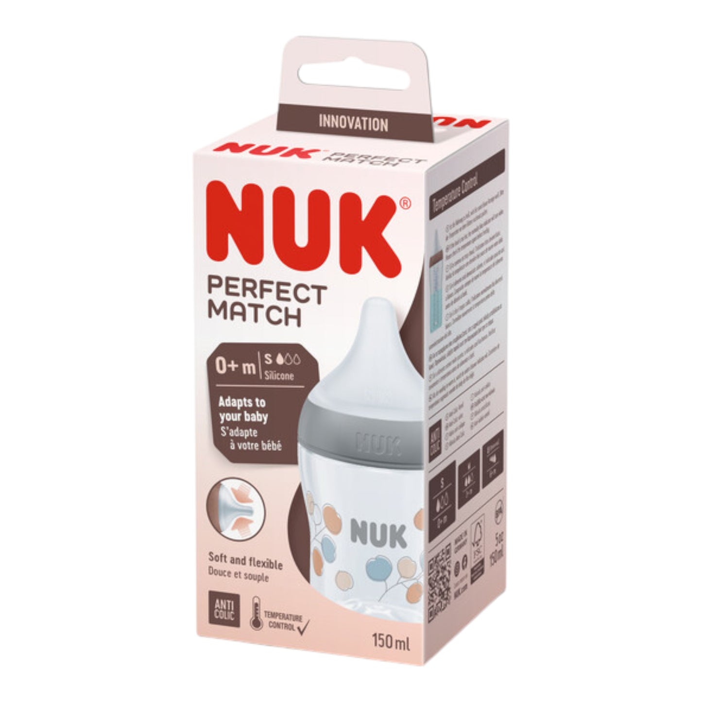 NUK Perfect Match Babyflasche, 150 ml, ab 0 Monate BPA-frei, Anti-Colic, mit Temperature Control, Grau