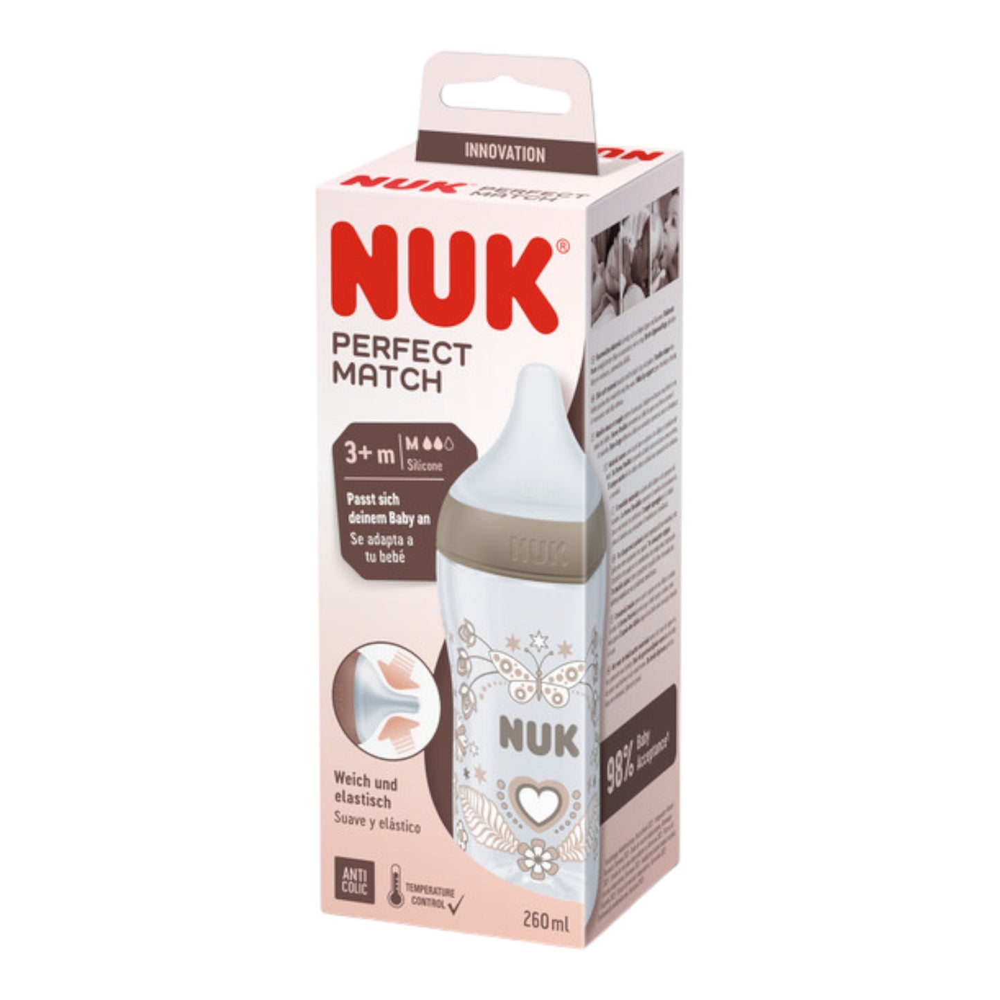 NUK Perfect Match Babyflasche, 260 ml, ab 3. Monate BPA-frei, Anti-Colic, mit Temperature Control, Beige