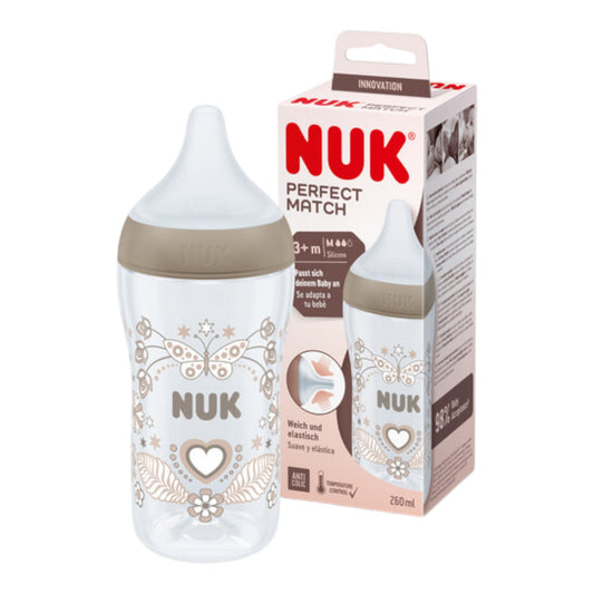 NUK Perfect Match Babyflasche, 260 ml, ab 3. Monate BPA-frei, Anti-Colic, mit Temperature Control, Beige