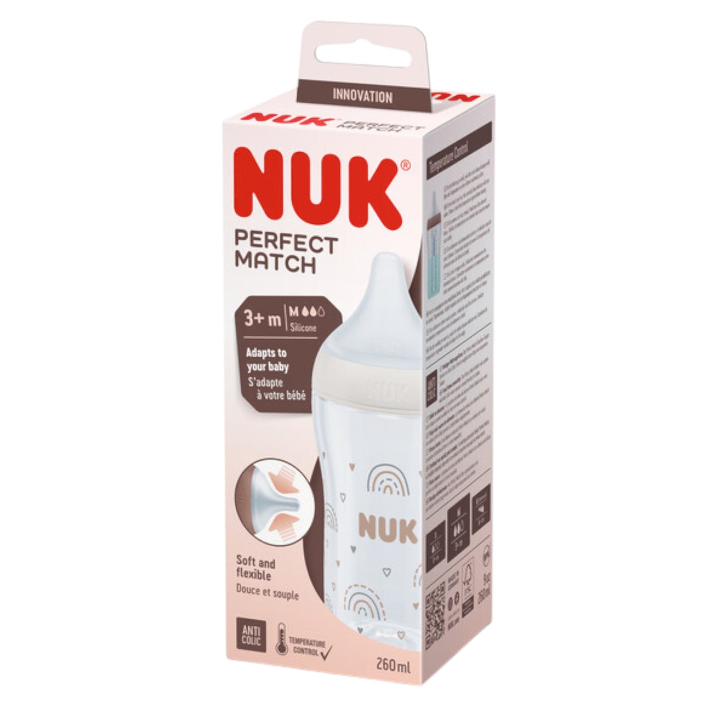 NUK Perfect Match Babyflasche, 260 ml, ab 3. Monate BPA-frei, Anti-Colic, mit Temperature Control, Weiß