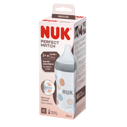 NUK Perfect Match Babyflasche, 260 ml, ab 3. Monate BPA-frei, Anti-Colic, mit Temperature Control, Grau