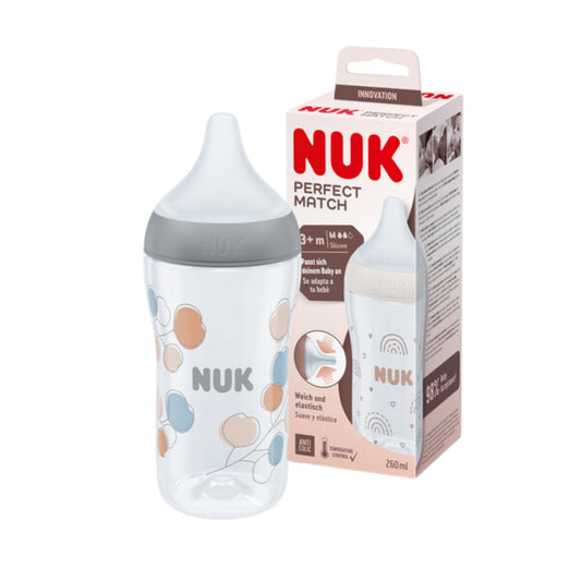NUK Perfect Match Babyflasche, 260 ml, ab 3. Monate BPA-frei, Anti-Colic, mit Temperature Control, Grau