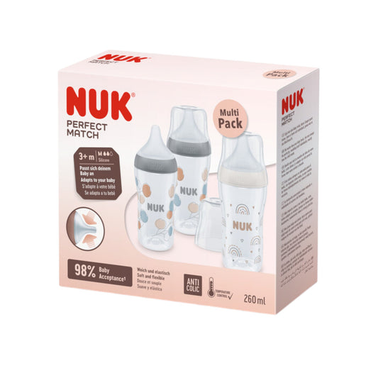NUK Perfect Match Babyflaschen 3er-Set, 260ml Anti-Colic, mit Temperature Control Grau/Weiss