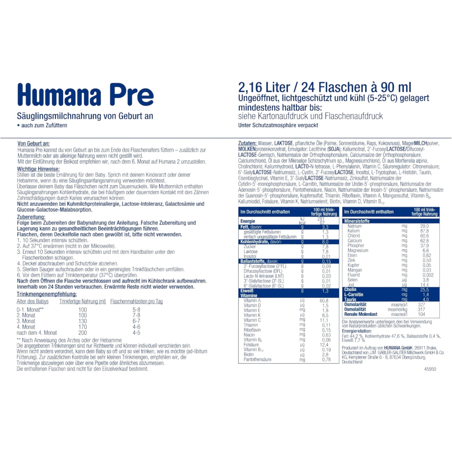 Humana Anfangsmilch PRE trinkfertig 24 x 90ml (2,16l)