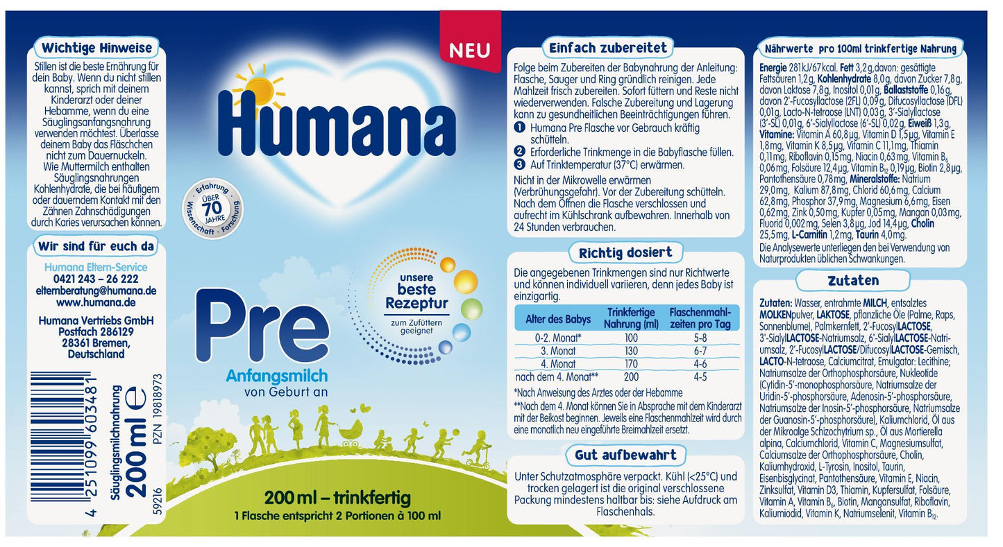 Humana Anfangsmilch PRE trinkfertig 6 x 200 ml (1,2 L)