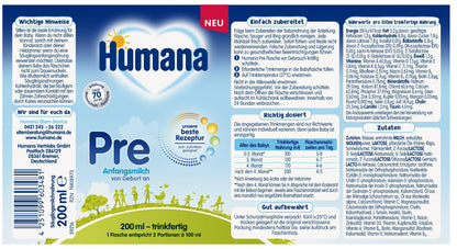 Humana Anfangsmilch PRE trinkfertig 6 x 200 ml (1,2 L)
