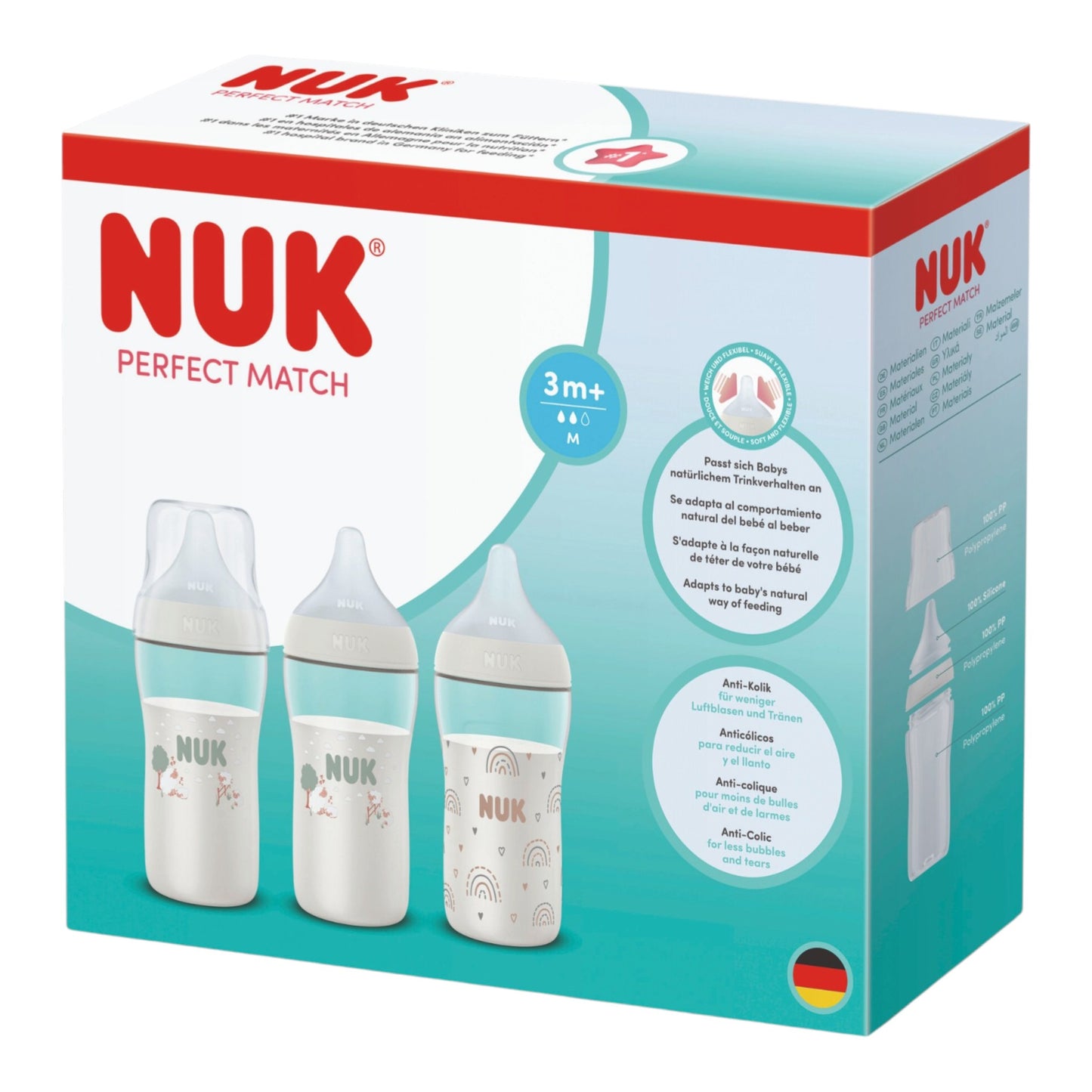 NUK Perfect Match 3er-Babyflaschen-Set "Regenbogen & Schafe" 260 ml
